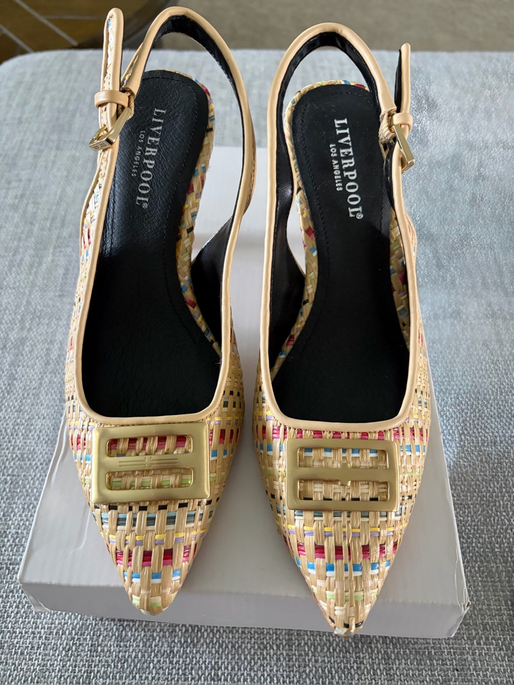 Seychelles Beige Multicolor Woven Pointed-Toe Slingback Heels